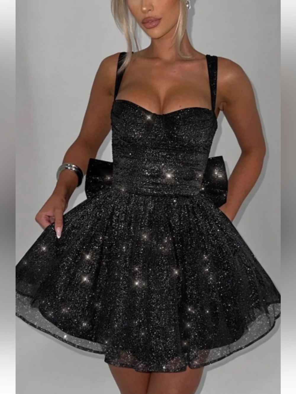 Like My Choice Black Glitter Party Dress with Bow size small NWT